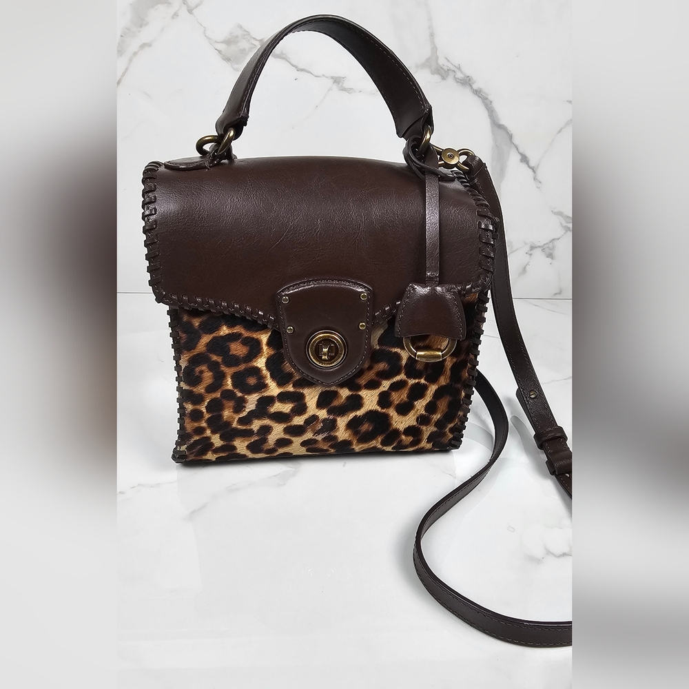 Ralph Lauren Dark Brown Leather Crossbody Bag with‎ Leopard Print